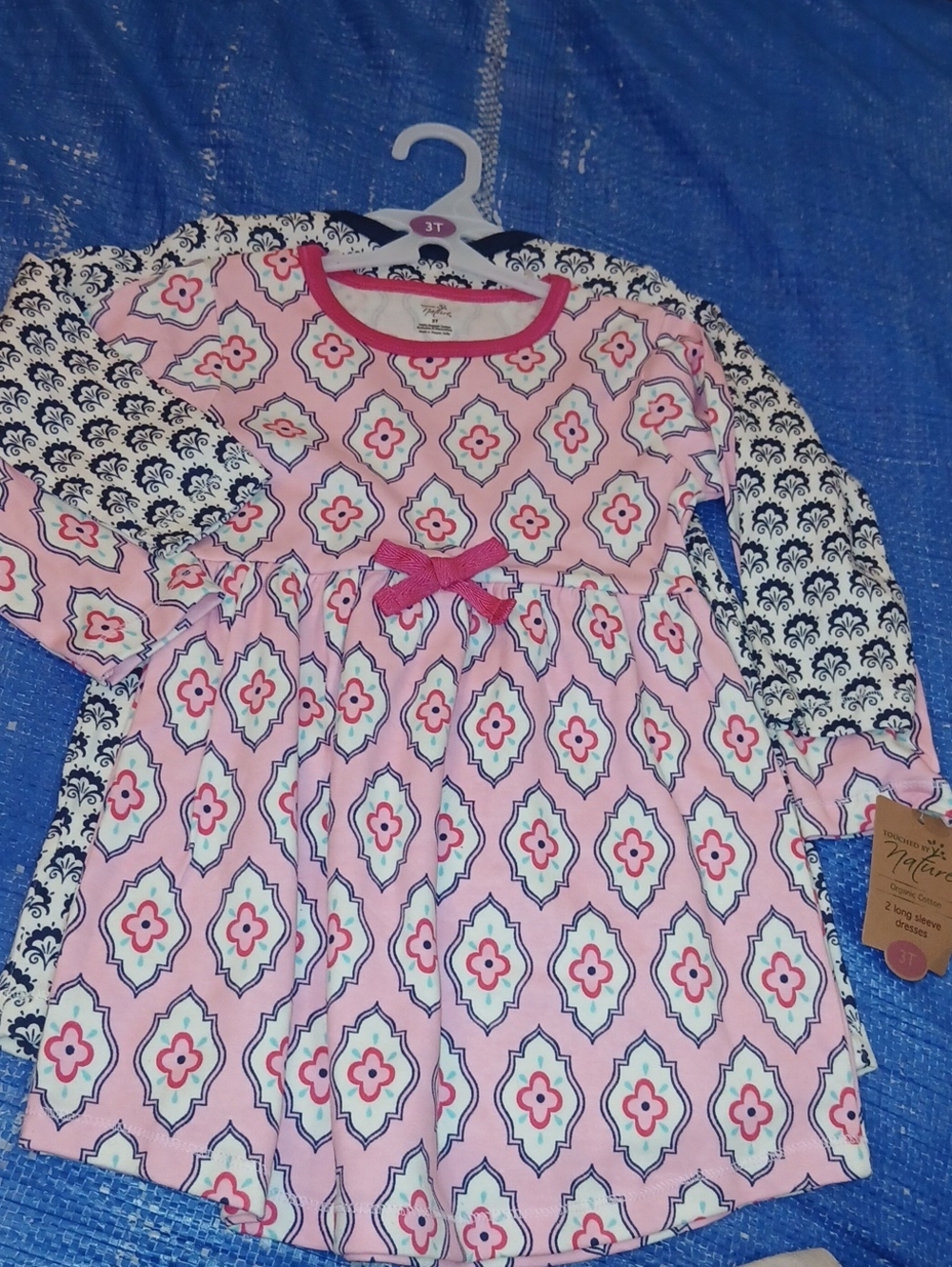 Girls Pink Patterned Long-Sleeve Casual Dress with Bow Blk/White Dress With Bow